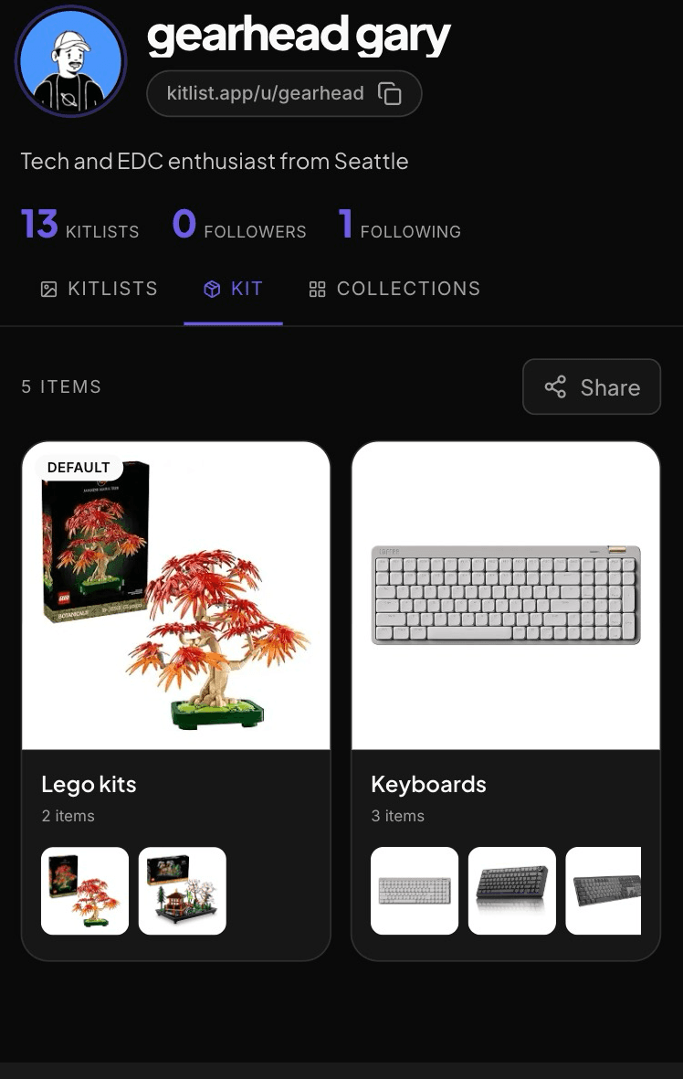 A creator's kit board showing gear categories like Lego kits and keyboards